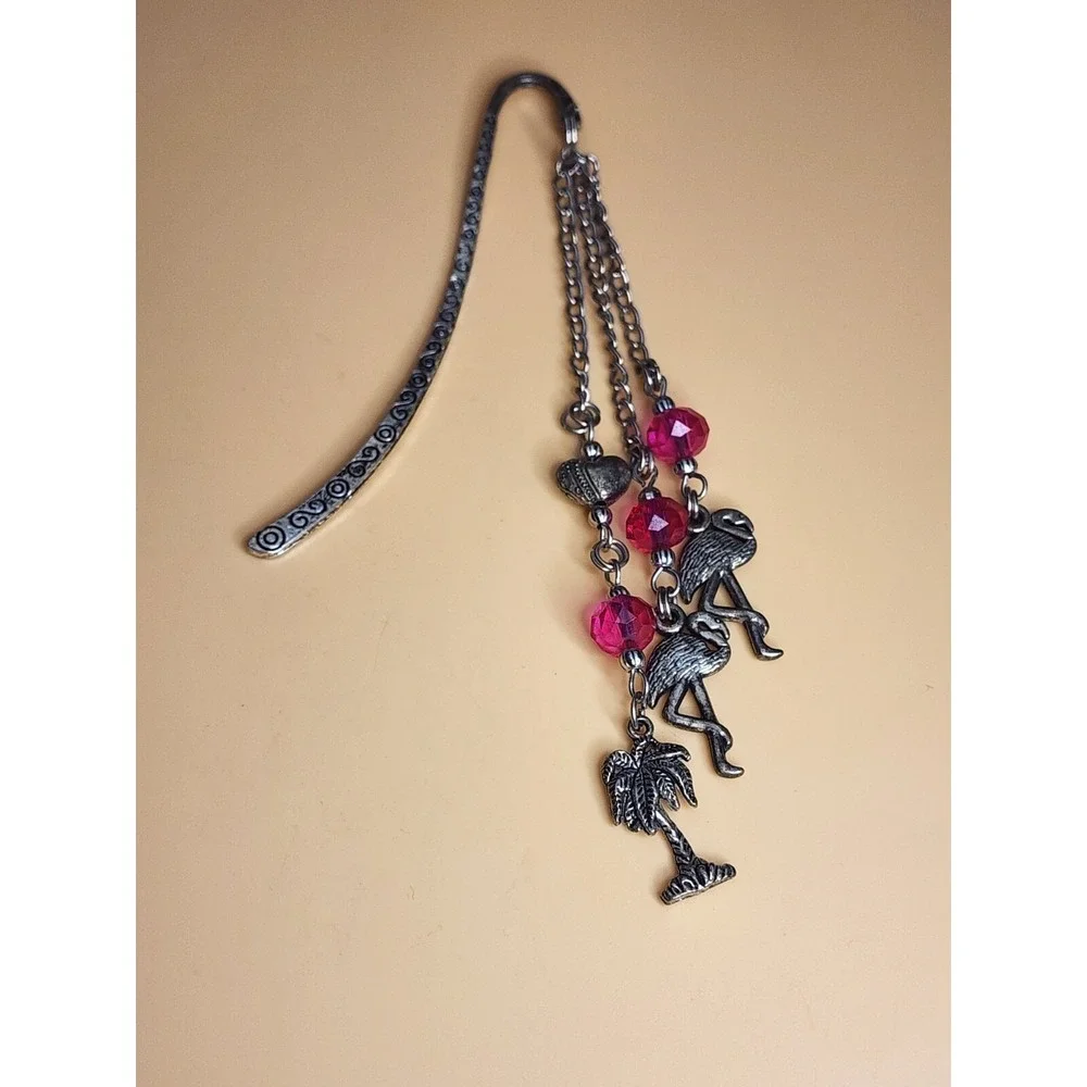 Flamingo & Palm‎ Tree Hot Pink Crystal Charm Bookmark Silver Plated FREE $HIP!!!